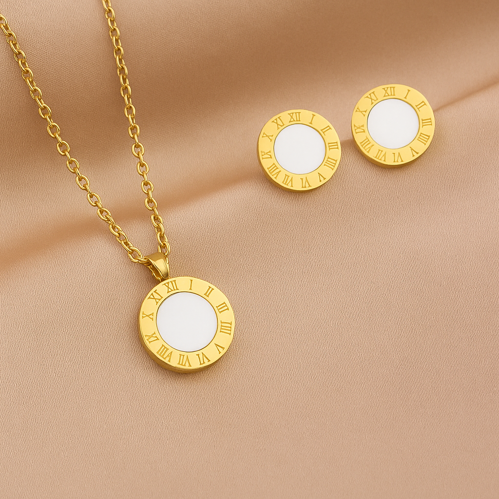 Stainless Steel Necklace & Stud Earrings Set – Roman Numeral Circle Pendant, Premium Gold Finish