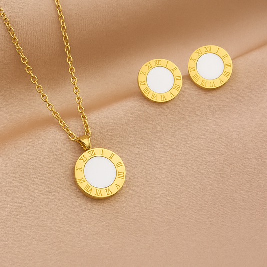 Stainless Steel Necklace & Stud Earrings Set – Roman Numeral Circle Pendant, Premium Gold Finish