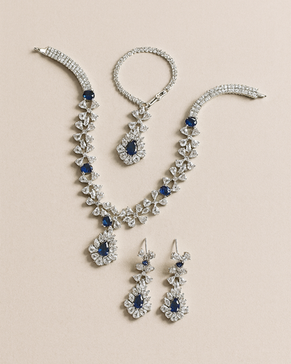 Luxury Sapphire Blue Jewelry Set – Silver-Tone Necklace, Earrings & Maang Tikka with Cubic Zirconia