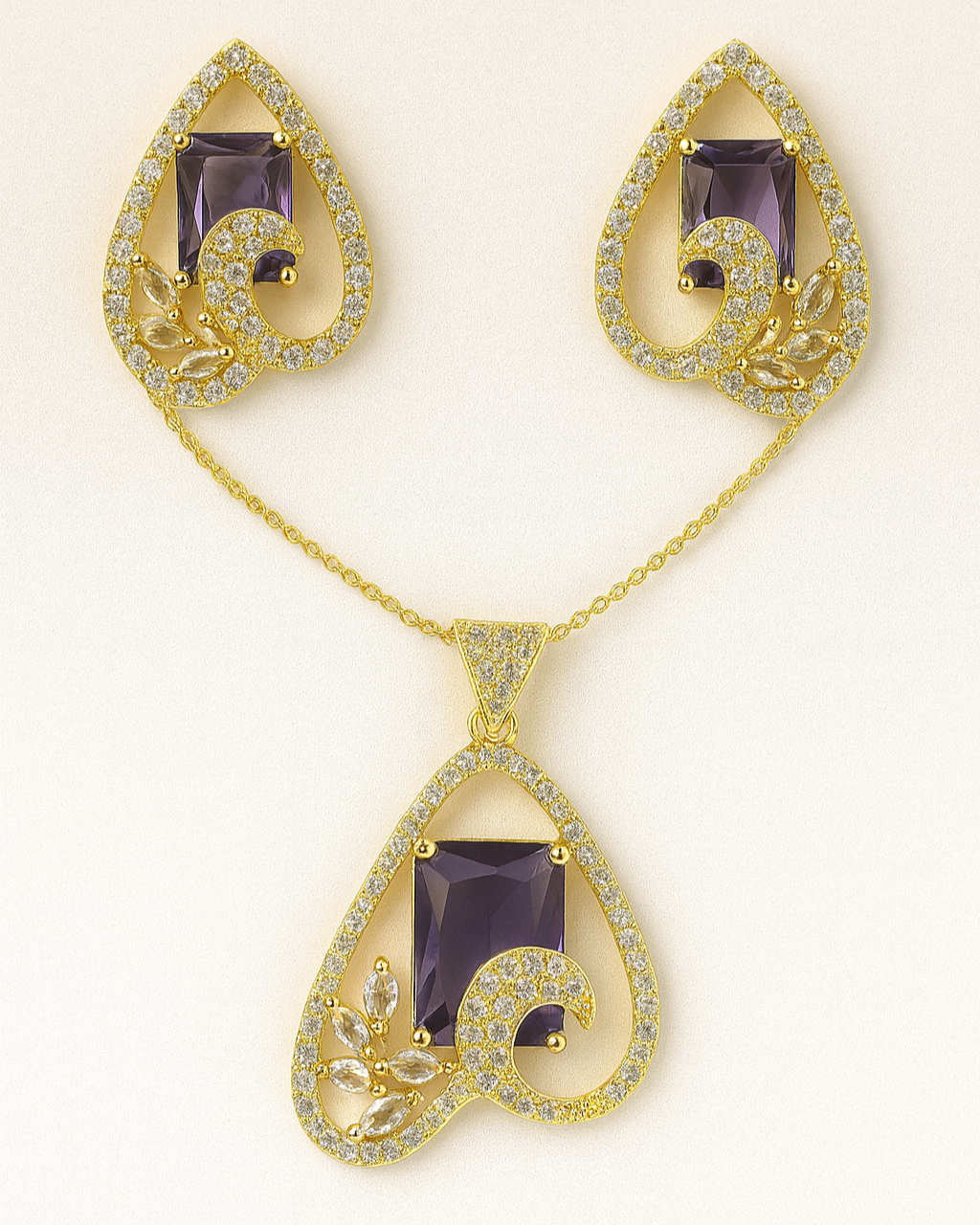 Gold-Plated Heart Drop Pendant Set with Purple Stone & CZ Accents – Necklace and Earrings