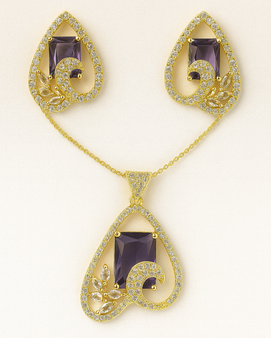Gold-Plated Heart Drop Pendant Set with Purple Stone & CZ Accents – Necklace and Earrings