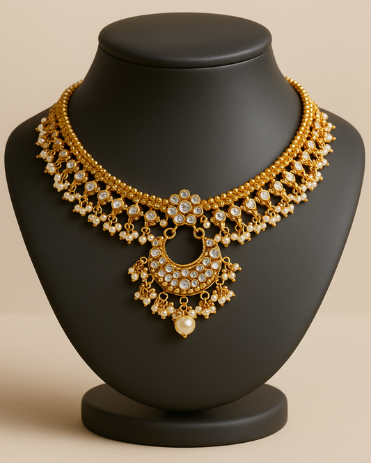 Royal Heritage Kundan Necklace Set with Pearl Drops – Traditional Gold Plated Jewelry