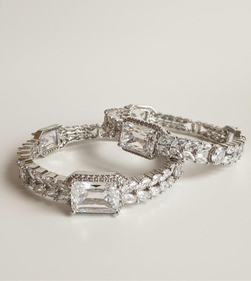 Pair of Silver Finish Zircon Stone Bangles for Women – Crystal Jewelry