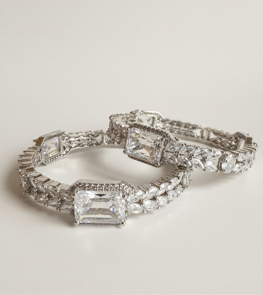 Pair of Silver Finish Zircon Stone Bangles for Women – Crystal Jewelry