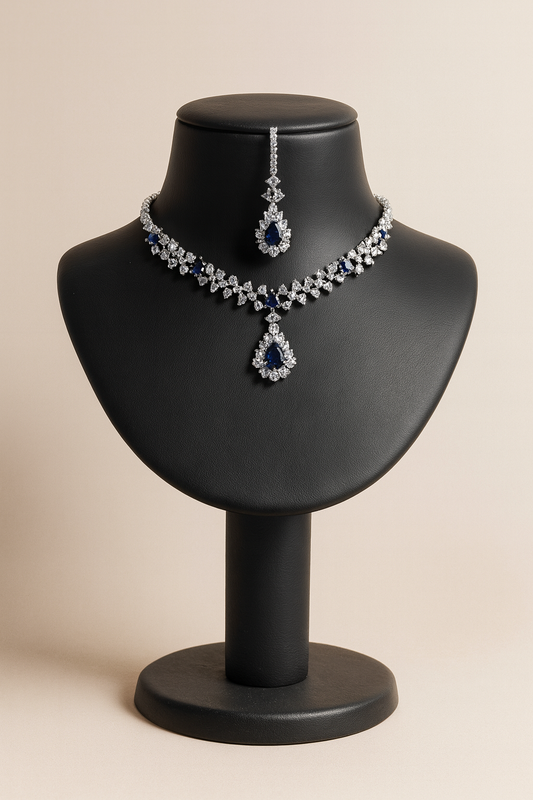 Luxury Sapphire Blue Jewelry Set – Silver-Tone Necklace, Earrings & Maang Tikka with Cubic Zirconia