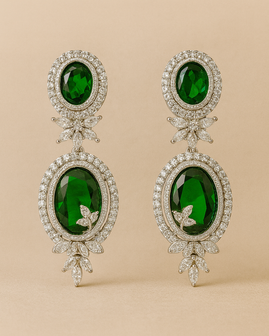 Emerald Elegance Silver Drop Earrings with Cubic Zirconia