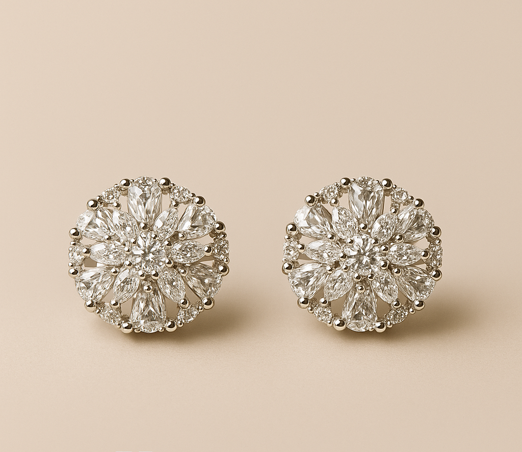 Radiance Bloom Diamond-Cluster Stud Earrings – Luxury Round Statement Earrings