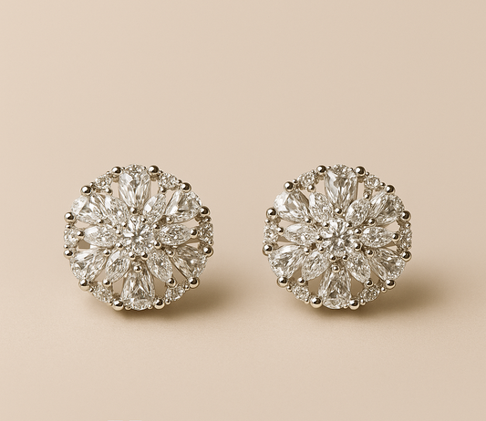 Radiance Bloom Diamond-Cluster Stud Earrings – Luxury Round Statement Earrings