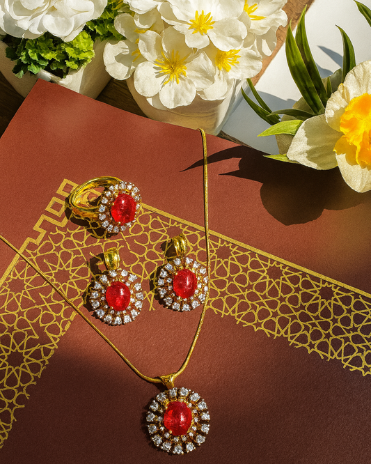 Luxury Oval Stone Jewelry Set – Necklace, Earrings & Ring | ZAYSHINE – Black, Blue & Red Variants