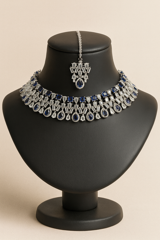 Luxury Sapphire Blue & Silver Statement Jewelry Set – Necklace, Earrings & Maang Tikka with Cubic Zirconia