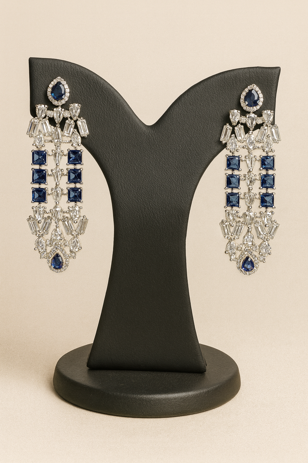 Luxury Sapphire Blue & Silver Statement Jewelry Set – Necklace, Earrings & Maang Tikka with Cubic Zirconia