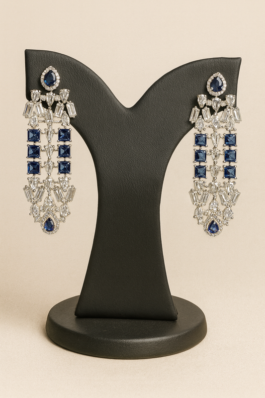 Luxury Sapphire Blue & Silver Statement Jewelry Set – Necklace, Earrings & Maang Tikka with Cubic Zirconia