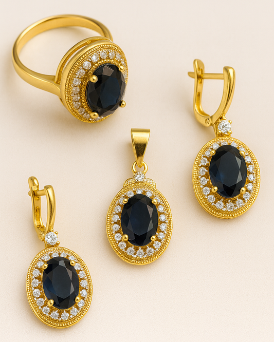 Gold-Plated Dark Navy Blue Oval Jewelry Set with CZ Accents – Ring, Pendant & Earrings