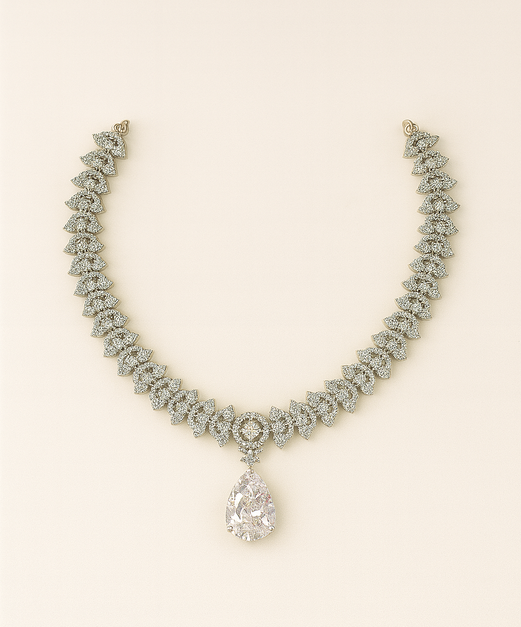 Luxury Silver-Plated Jewelry Set with Teardrop Cubic Zirconia Stones – Necklace, Earrings & Maang Tikka