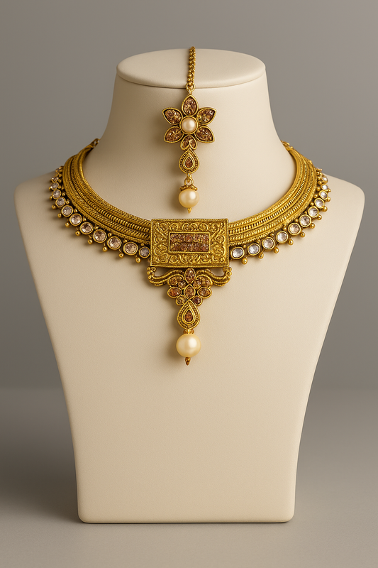 Luxury Gold Plated Jewelry Set with Maang Tikka & Earrings – Pearl & Stone Embellished Necklace