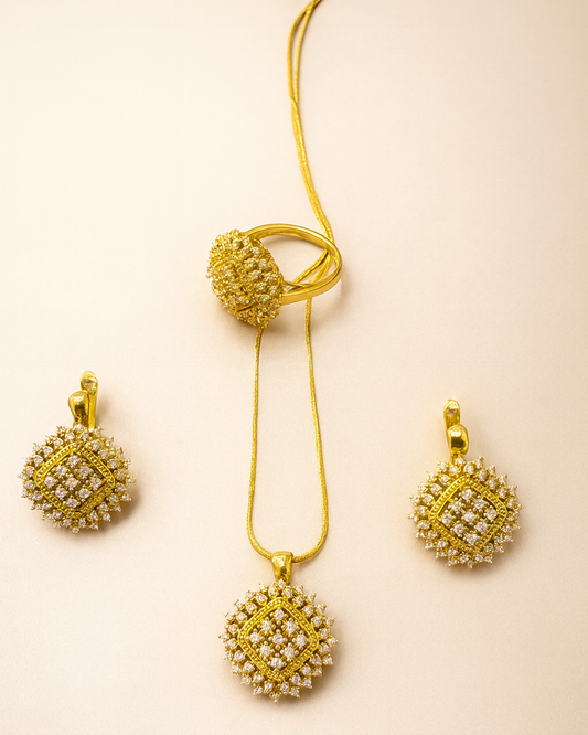 Gold-Plated Square Cluster Pendant, Earrings & Ring Set with Cubic Zirconia
