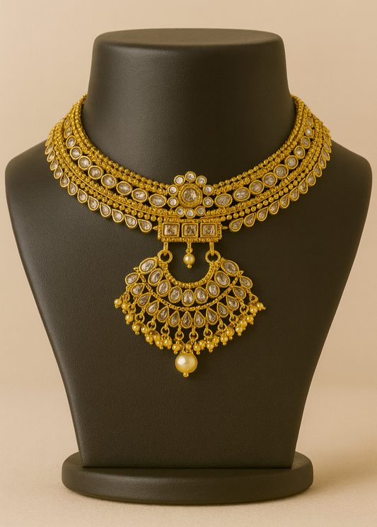 Royal Kundan Choker Necklace & Earrings Set – Traditional Gold Plated Jewelry with Pearls