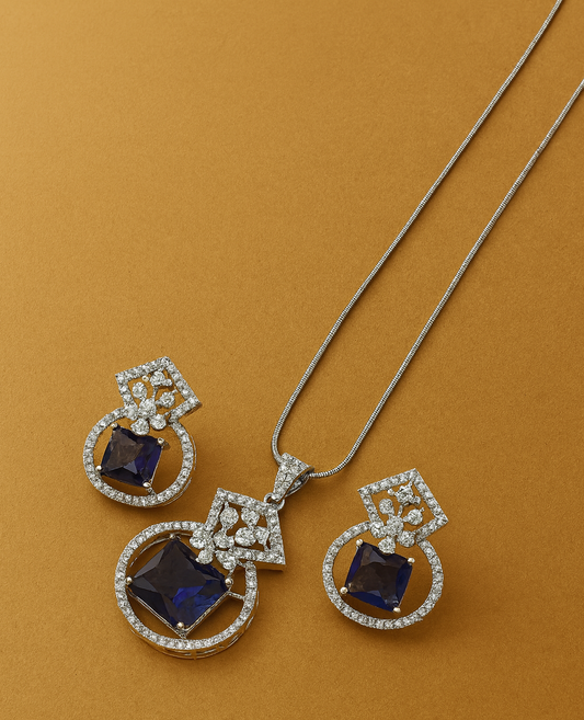 Midnight Elegance Purple Sapphire Halo Jewelry Set – Necklace & Earrings with Diamond Accents