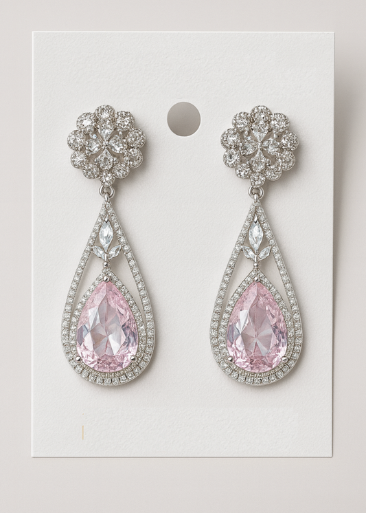 Blush Elegance Teardrop Statement Earrings – Pink Gemstone & Diamond Accent Dangles