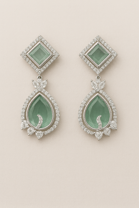 Elegant Silver-Plated Green Stone Drop Earrings with Cubic Zirconia Halo