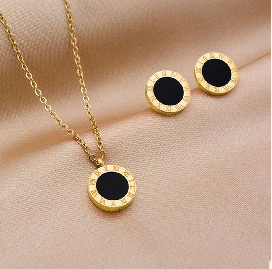 Stainless Steel Necklace & Stud Earrings Set – Roman Numeral Circle Pendant, Premium Gold Finish