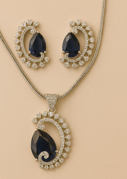 Elegant Silver-Plated Blue Stone Pendant & Earrings Set with Sparkling Cubic Zirconia