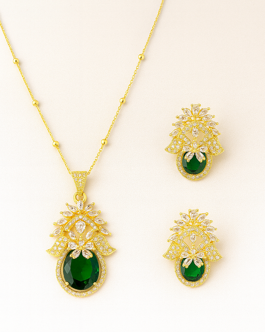 Gold-Plated Emerald Green Oval Pendant & Earrings Set with CZ Floral Design