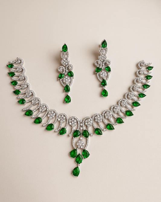 Elegant Silver and Green Teardrop Necklace & Earrings Set with Cubic Zirconia