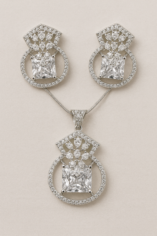 Midnight Elegance Purple Sapphire Halo Jewelry Set – Necklace & Earrings with Diamond Accents