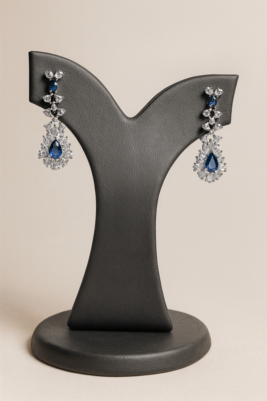 Luxury Sapphire Blue Jewelry Set – Silver-Tone Necklace, Earrings & Maang Tikka with Cubic Zirconia