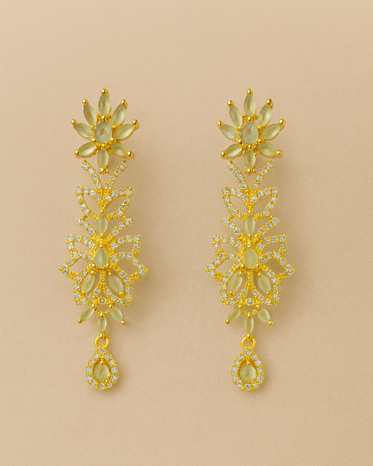 Gold-Plated Floral Long Drop Earrings with Sparkling Stones – Elegant Statement Jewelry