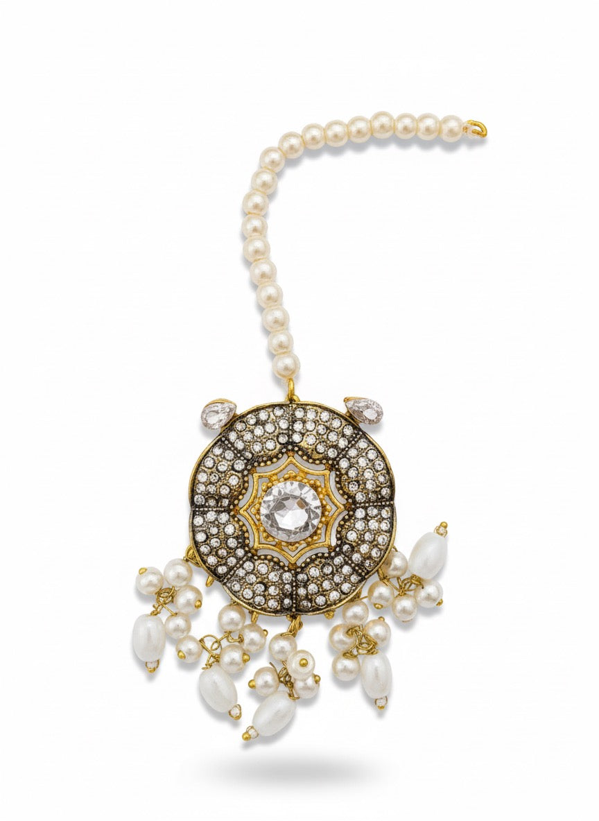 Turkish-Inspired Pearl & Crystal Statement Jewelry Set - Choker, Earrings & Headpiece