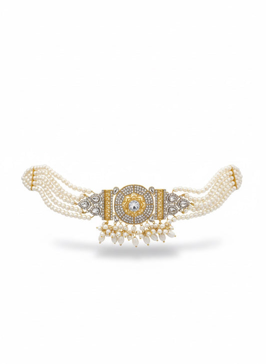 Turkish-Inspired Pearl & Crystal Statement Jewelry Set - Choker, Earrings & Headpiece