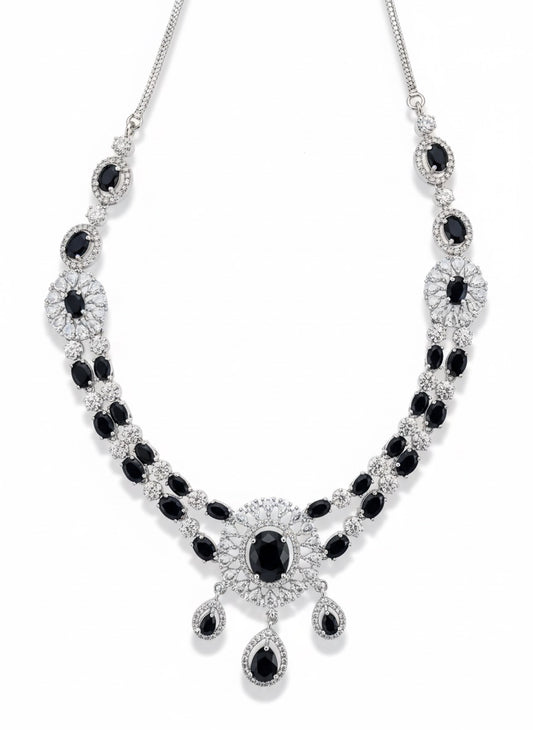 Black & White Stone Statement Jewelry Set - Necklace, Chandelier Earrings & Headpiece