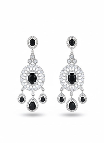 Black & White Stone Statement Jewelry Set - Necklace, Chandelier Earrings & Headpiece