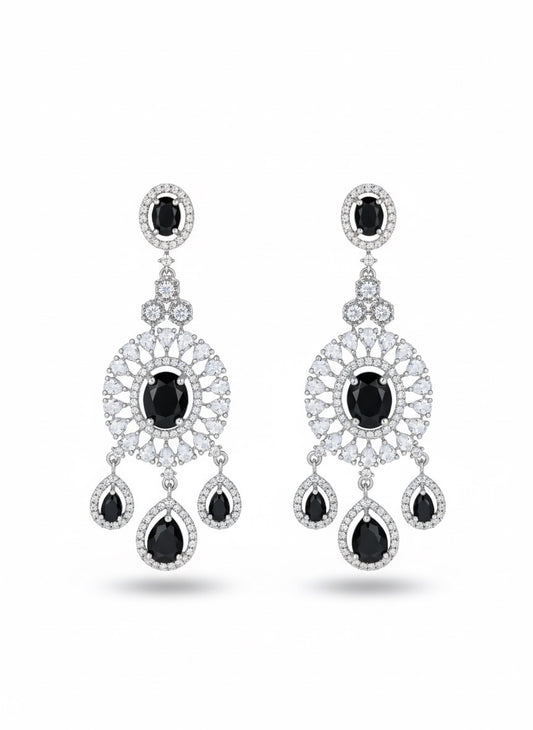 Black & White Stone Statement Jewelry Set - Necklace, Chandelier Earrings & Headpiece