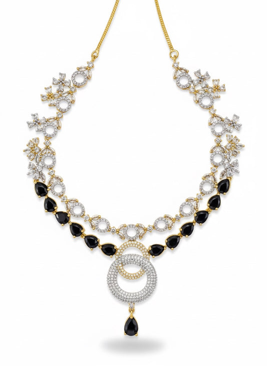 Two-Tone Black & White Stone Interlocking Circles Jewelry Set - Necklace, Drop Earrings & Headpiece