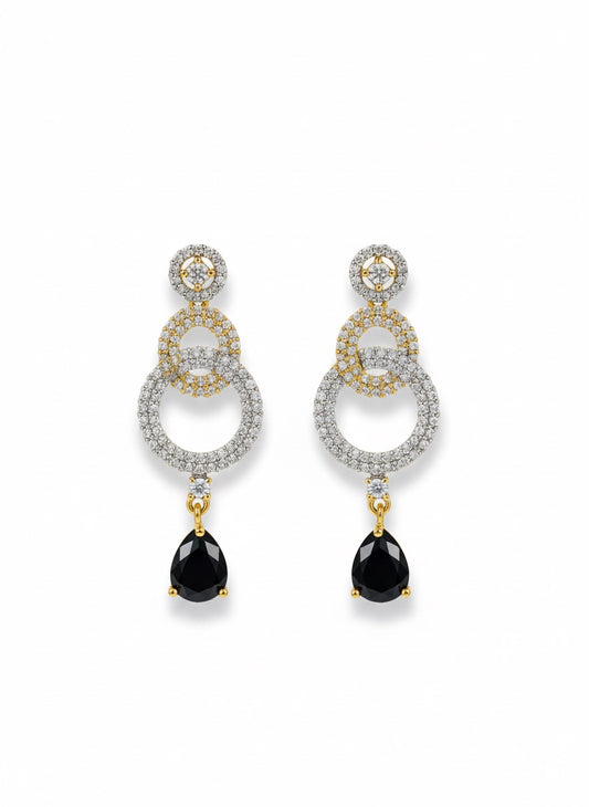 Two-Tone Black & White Stone Interlocking Circles Jewelry Set - Necklace, Drop Earrings & Headpiece