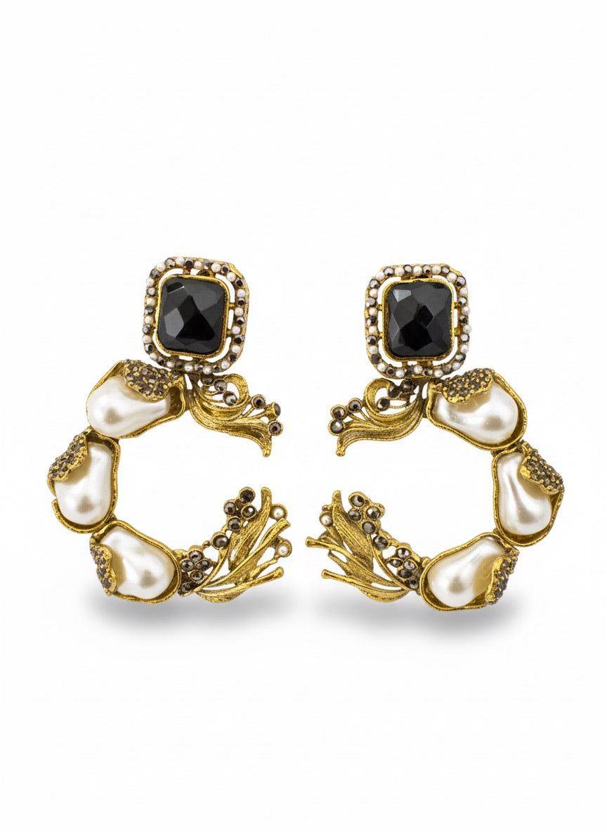 Turkish-Inspired Pearl & Ruby Statement Earrings - Gold & Silver Tone