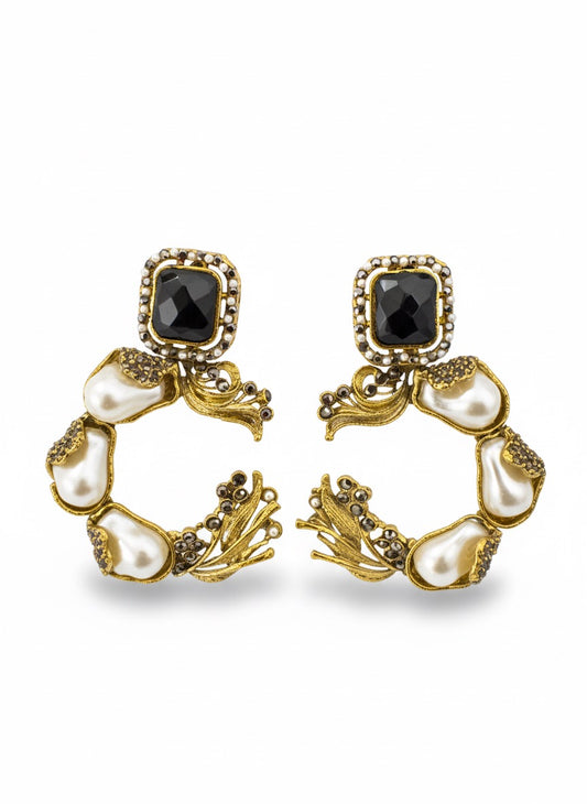 Turkish-Inspired Pearl & Ruby Statement Earrings - Gold & Silver Tone