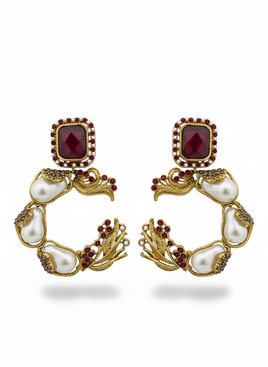 Turkish-Inspired Pearl & Ruby Statement Earrings - Gold & Silver Tone