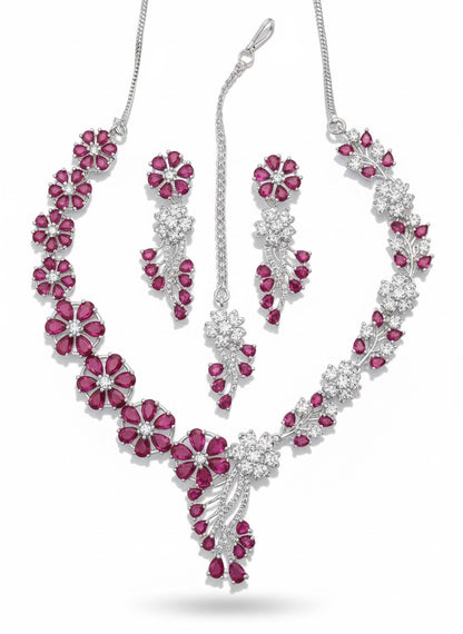 Elegant Stone & CZ Diamond Artificial Jewelry Set – Necklace, Earrings & Maang Tikka