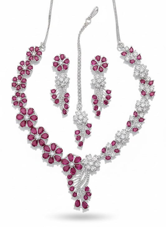 Elegant Stone & CZ Diamond Artificial Jewelry Set – Necklace, Earrings & Maang Tikka
