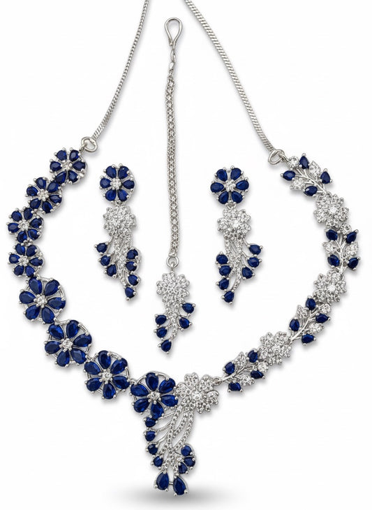 Elegant Stone & CZ Diamond Artificial Jewelry Set – Necklace, Earrings & Maang Tikka