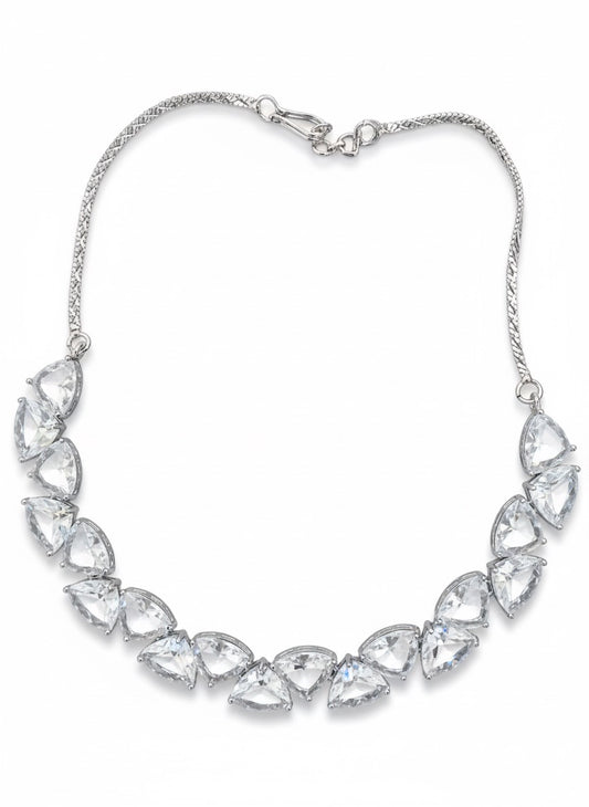 Trillion-Cut Crystal Triangle Jewelry Set - Silver-Tone Necklace, Stud Earrings & Maang Tikka