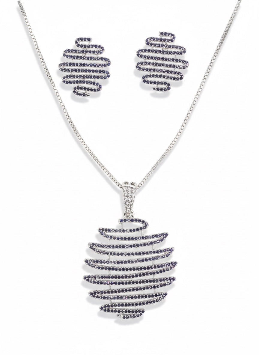 Elegant Silver Plated Necklace & Earrings Set with Black Crystal Stones