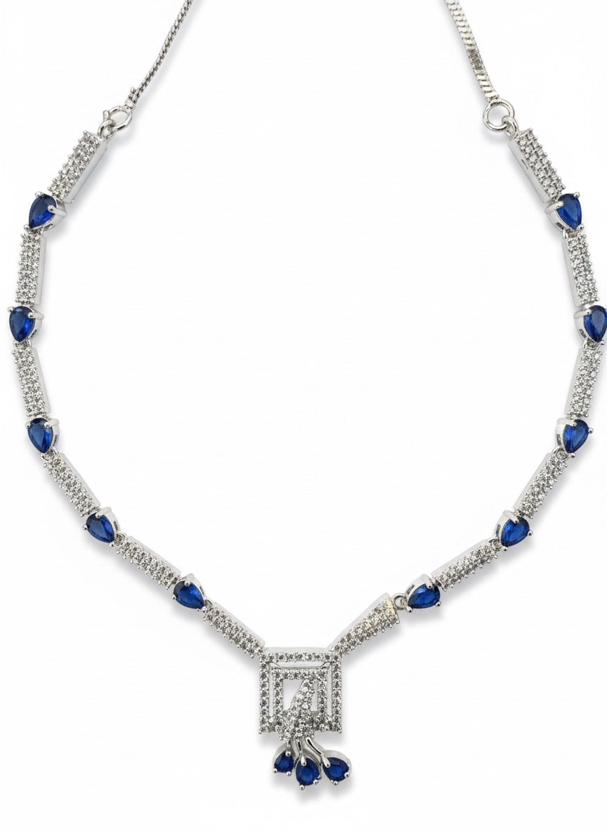 Luxury Sapphire & Diamond Toned Jewelry Set - Necklace, Earrings & Maang Tikka