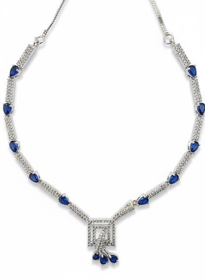 Luxury Sapphire & Diamond Toned Jewelry Set - Necklace, Earrings & Maang Tikka