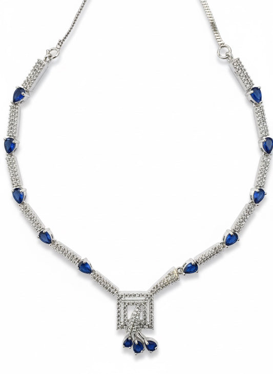 Luxury Sapphire & Diamond Toned Jewelry Set - Necklace, Earrings & Maang Tikka
