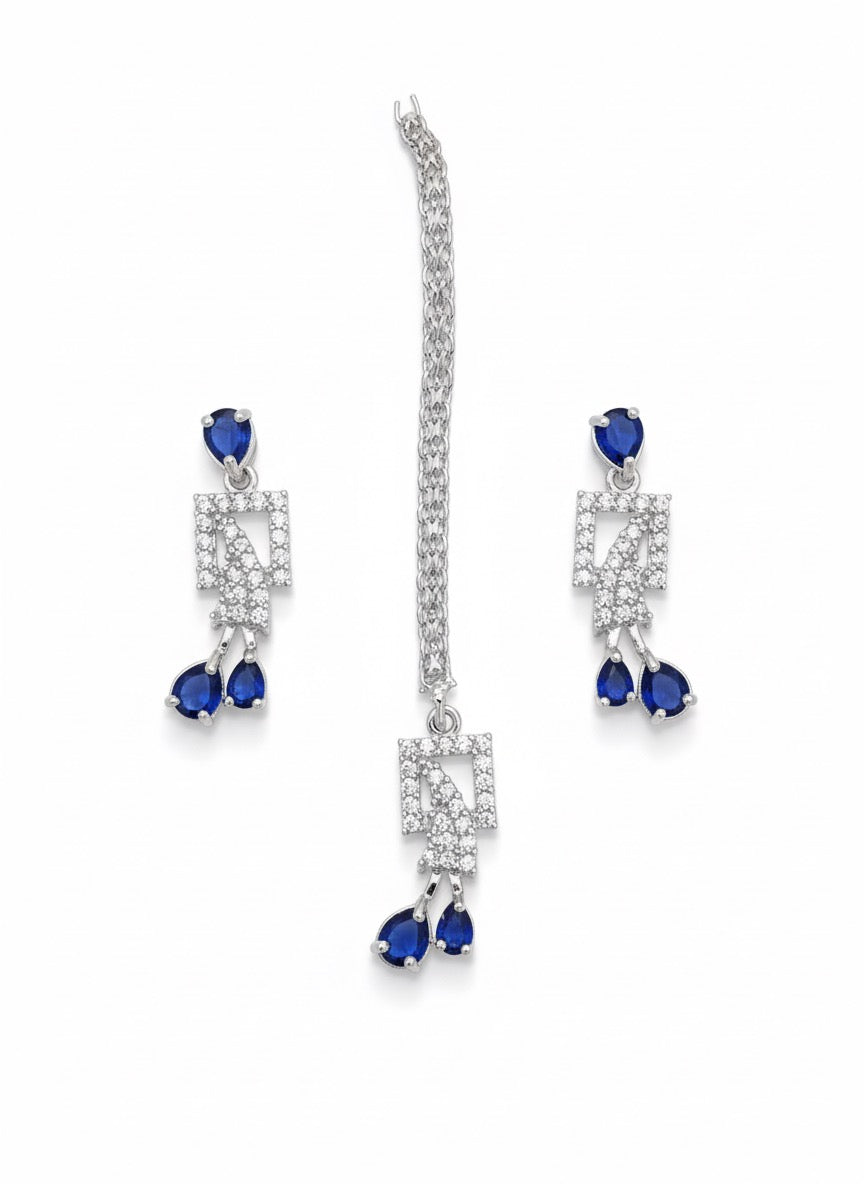 Luxury Sapphire & Diamond Toned Jewelry Set - Necklace, Earrings & Maang Tikka